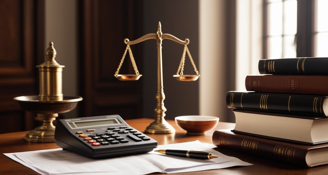연말정산 - 홈택스 간소화 서비스 데이터와 실제 지출 내역의 불일치 체크 (concept of A pile of receipts, a calculator, and a fountain pen, a classic brass balance scale of justice next to leather-bound books, no people)
