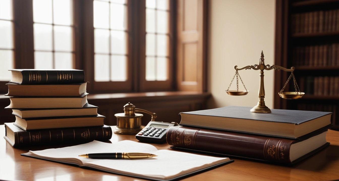 연말정산 - 청년 월세 세액공제와 임대차 계약서의 필수 요건 (concept of A pile of receipts, a calculator, and a fountain pen, a classic brass balance scale of justice next to leather-bound books, no people)