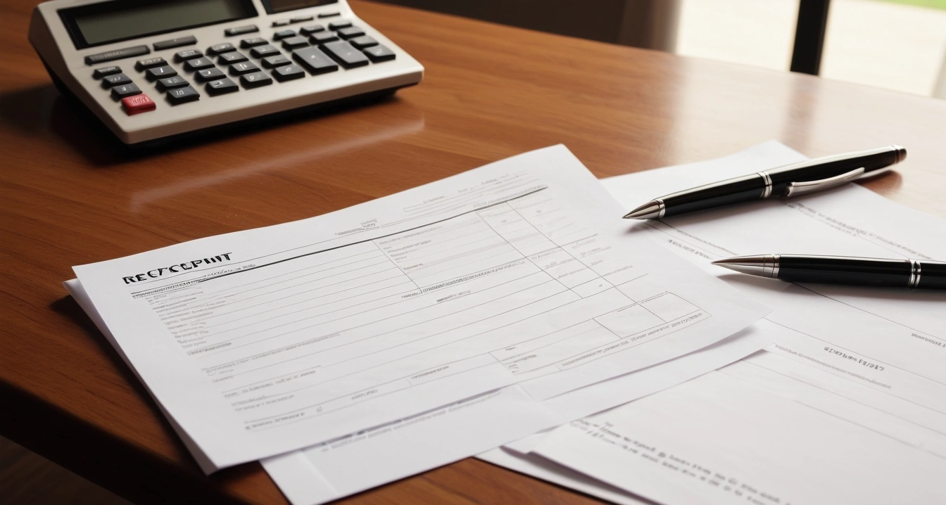 연말정산 - 중소기업 취업자 소득세 감면 제도와 신청 서류 (concept of A pile of receipts, a calculator, and a fountain pen, a shiny house key resting on a detailed contract, elegant wooden table, no people)