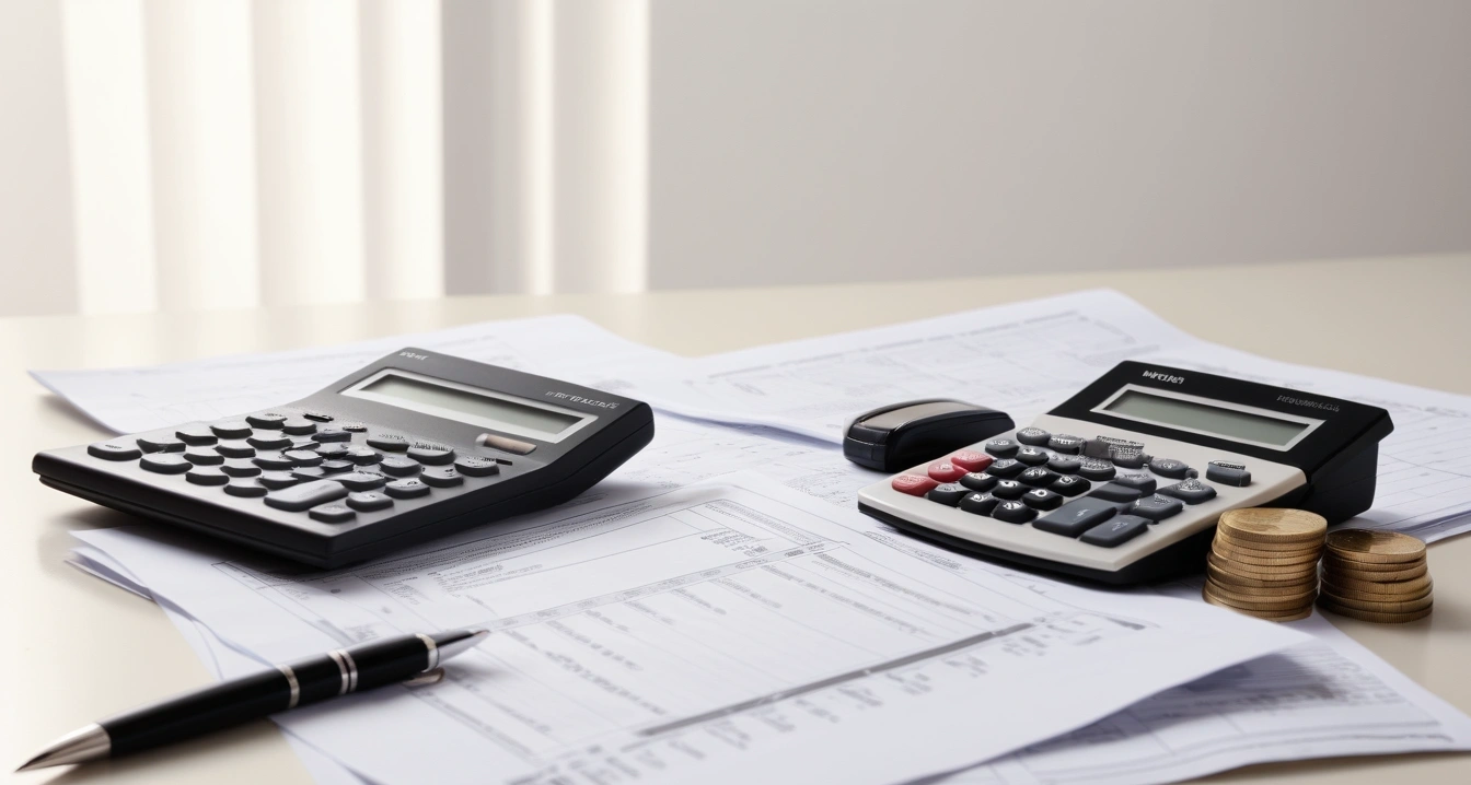 연말정산 - 사설 인증서와 간편 인증 활용법 (concept of A pile of receipts, a calculator, and a fountain pen, a neat arrangement of official forms, a modern calculator, and neat coins, finance aesthetic, no people)