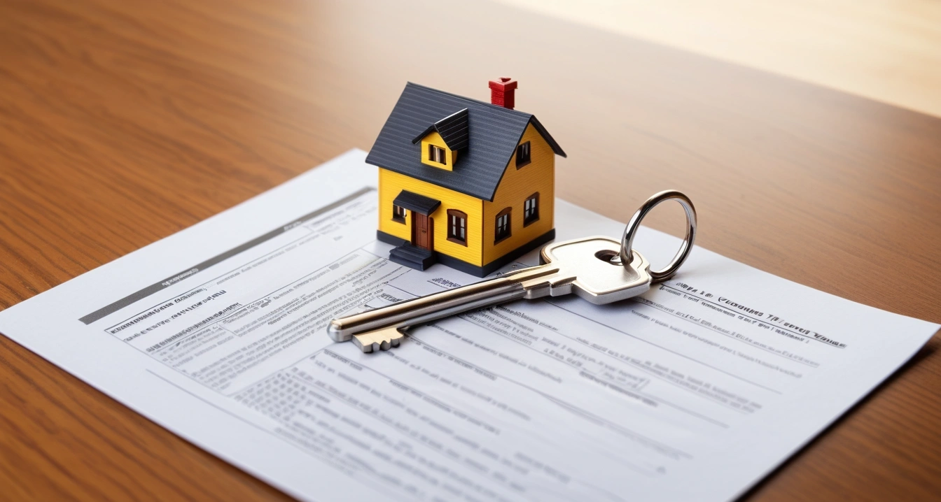 종합소득세 - 소득공제 및 세액공제 카드 (concept of comprehensive income tax, a shiny house key resting on a detailed contract, elegant wooden table, no people)