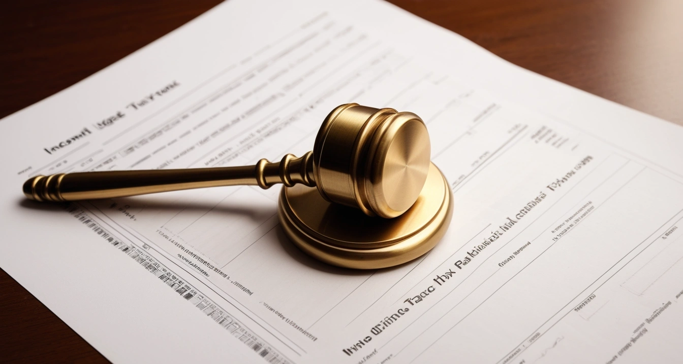 종합소득세 - 성실신고확인서 제출과 가산세 리스크 차단 (concept of comprehensive income tax, close-up of a classic brass legal gavel resting on official documents, professional lighting, no people)