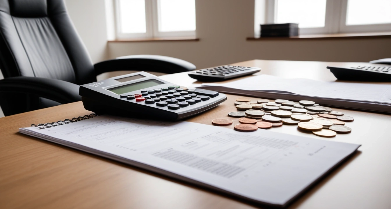 노동청 - 부당해고 구제신청서 작성과 노동위원회 절차 (concept of Labor Office, a neat arrangement of official forms, a modern calculator, and neat coins, finance aesthetic, no people)