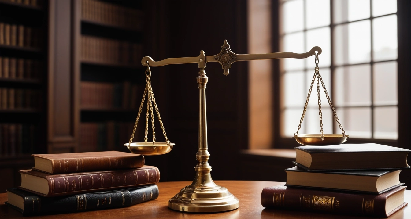 임대차보호법 - 전월세상한제와 갱신청구권의 주택 계약 적용 범위 (concept of Lease Protection Act, a classic brass balance scale of justice next to leather-bound books, no people)