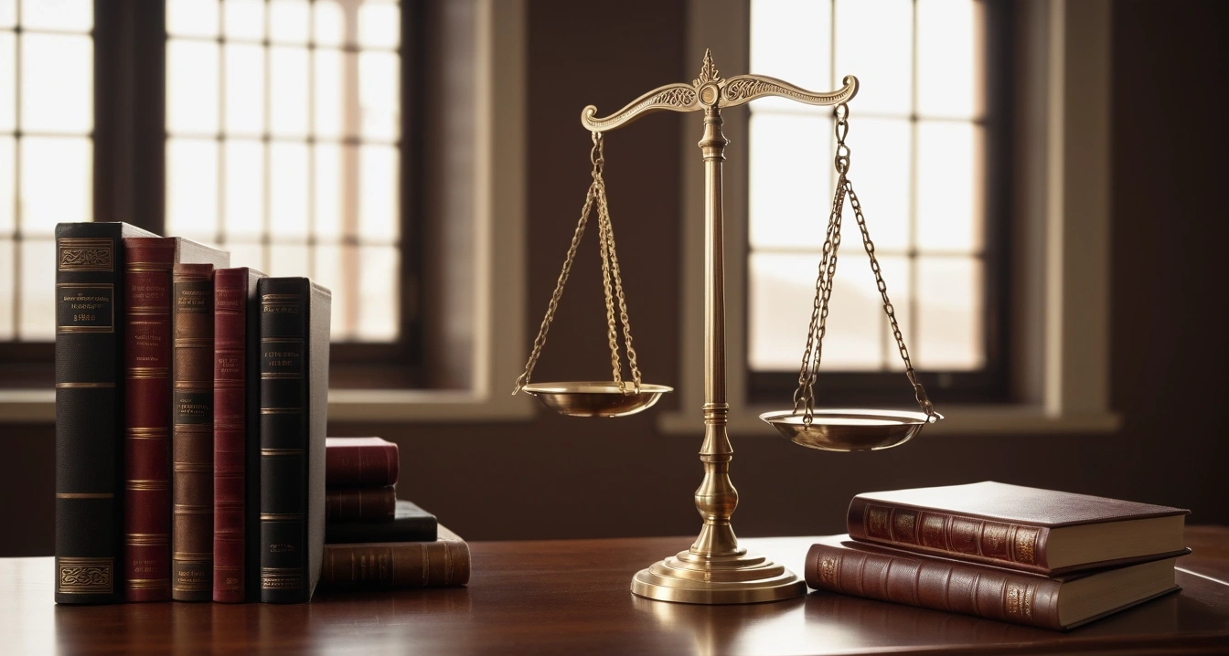 임대차보호법 - 공인중개사 법률 확인과 계약서 조항의 우선순위 (concept of Lease Protection Act, a classic brass balance scale of justice next to leather-bound books, no people)