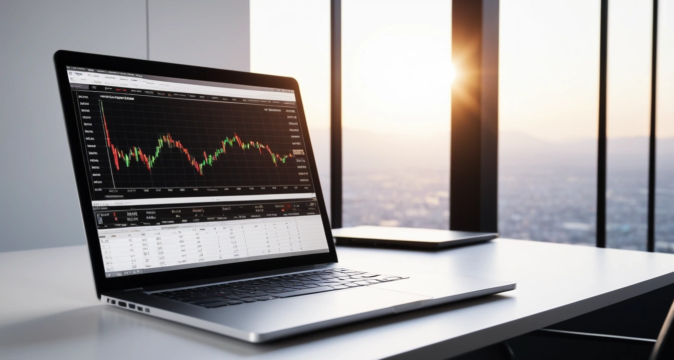 임대차보호법 - 주택임대차보호법 내 전월세상한제와 갱신청구권 (concept of Lease Protection Act, a sleek modern office desk, a glowing laptop screen displaying financial charts, no people)