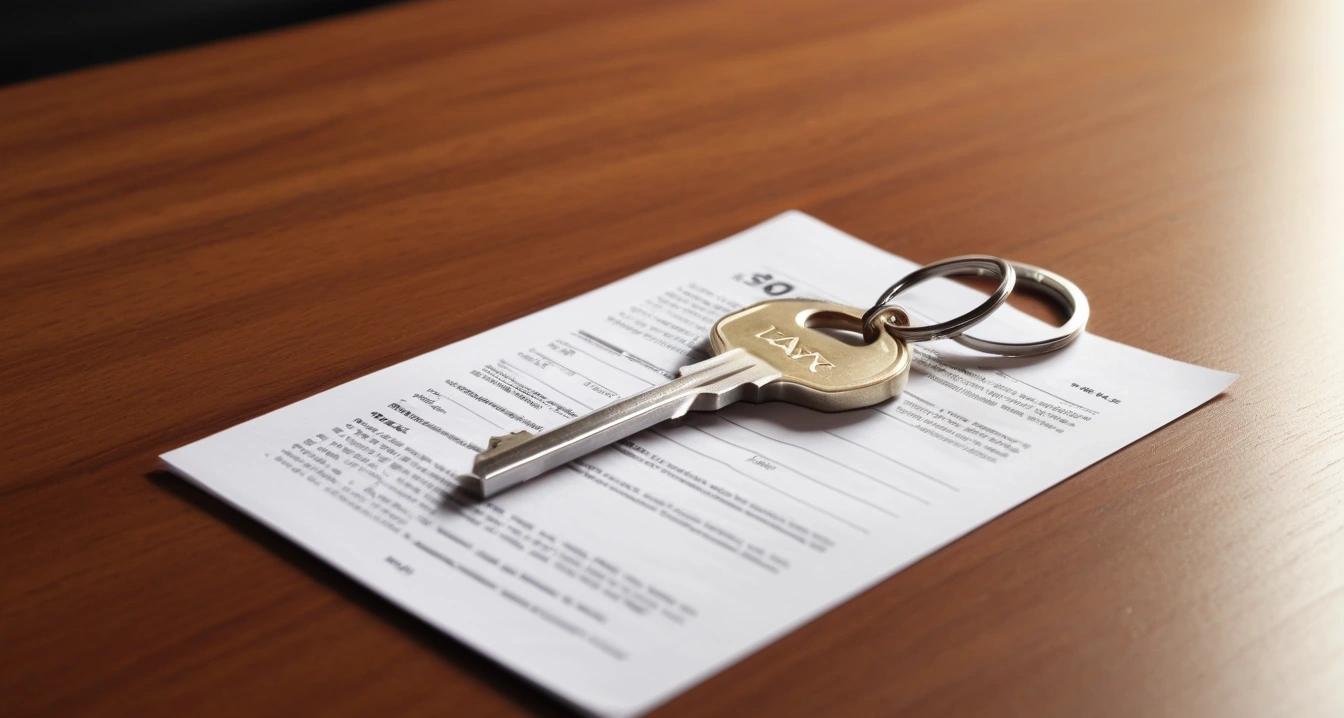 국세청 미환급금 - 스마트폰 앱을 활용한 환급금 신청 및 지급 절차 (concept of National Tax Service unrefunded amount, a shiny house key resting on a detailed contract, elegant wooden table, no people)