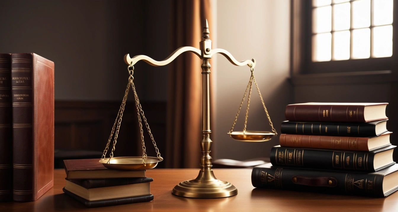 퇴직금 - 민사 소송을 위한 법적 대응 가이드라인 (concept of severance pay, a classic brass balance scale of justice next to leather-bound books, no people)