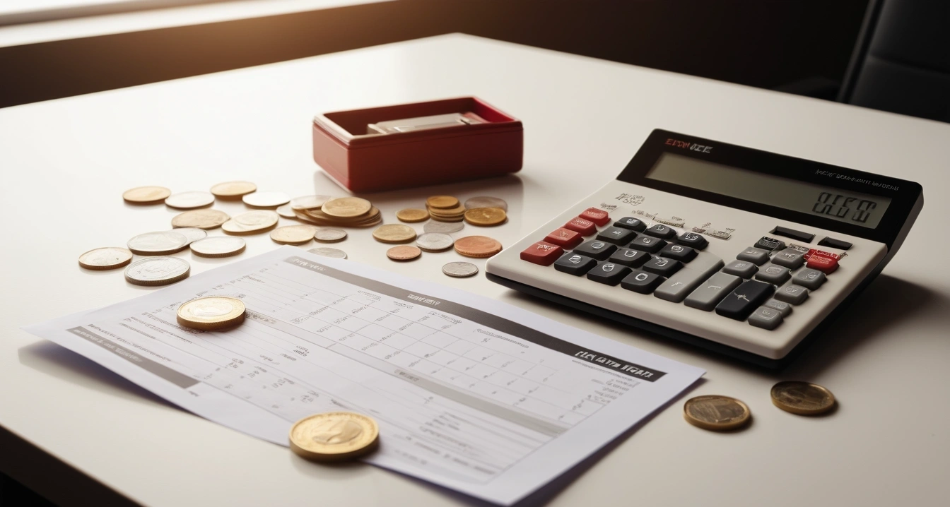 퇴직금 - 근로계약서 및 급여명세서 증거 확보 (concept of severance pay, a neat arrangement of official forms, a modern calculator, and neat coins, finance aesthetic, no people)