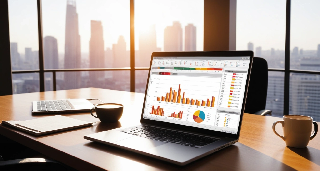 실업급여 - 실업급여 수급액 산정을 위한 최저임금 연동 구조 이해 (concept of unemployment benefits, a sleek modern office desk, a glowing laptop screen displaying financial charts, no people)