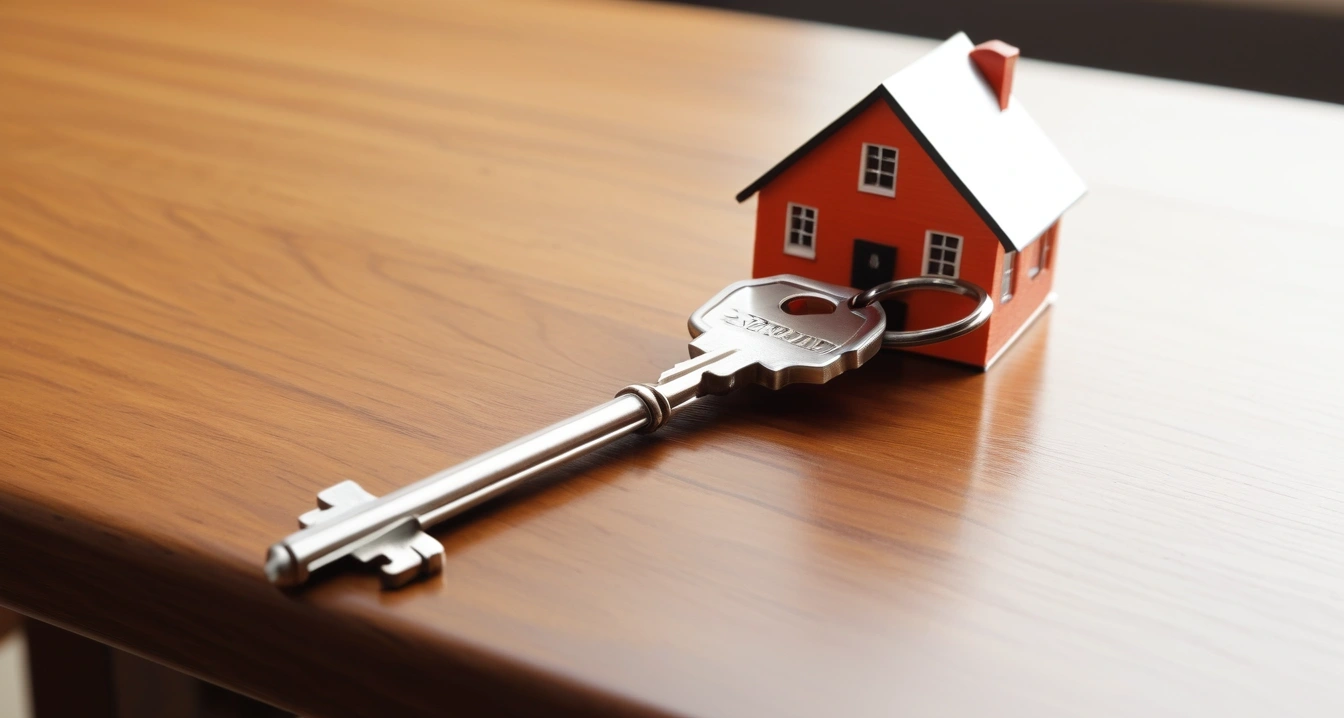 주휴수당 - 고용노동부 진정 제기를 위한 법적 서류 준비 (concept of Weekly holiday allowance, a shiny house key resting on a detailed contract, elegant wooden table, no people)