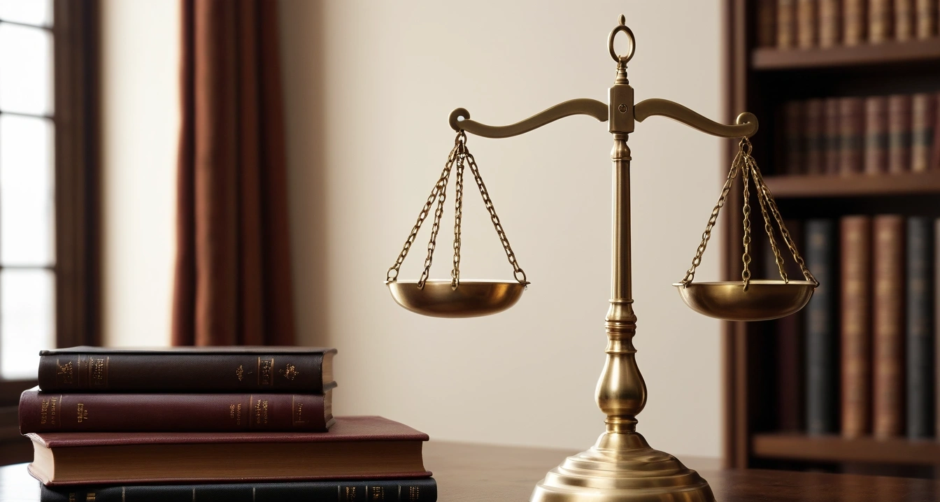 청년 지원금 - 전세보증금반환보증의 자격 기준 (concept of youth support fund, a classic brass balance scale of justice next to leather-bound books, no people)