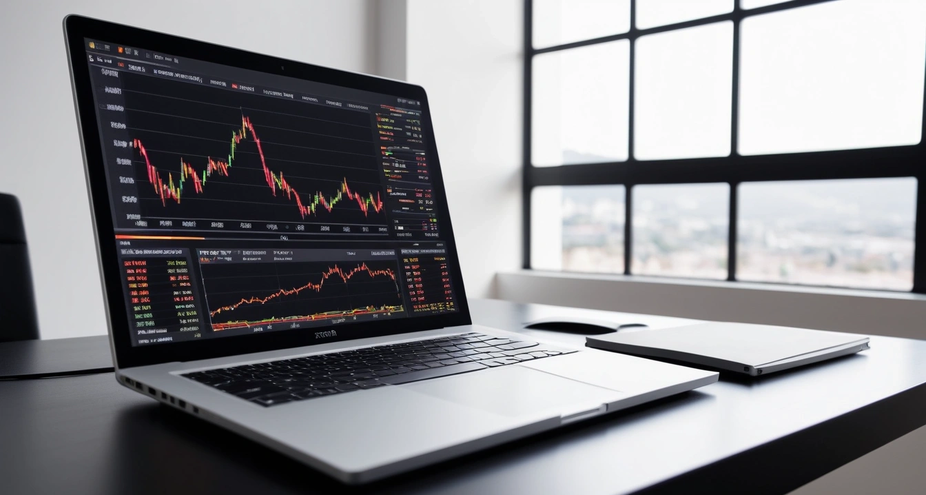 청년 지원금 - 청년 구직활동 응시료 지원사업과 증빙 서류 가이드 (concept of youth support fund, a sleek modern office desk, a glowing laptop screen displaying financial charts, no people)
