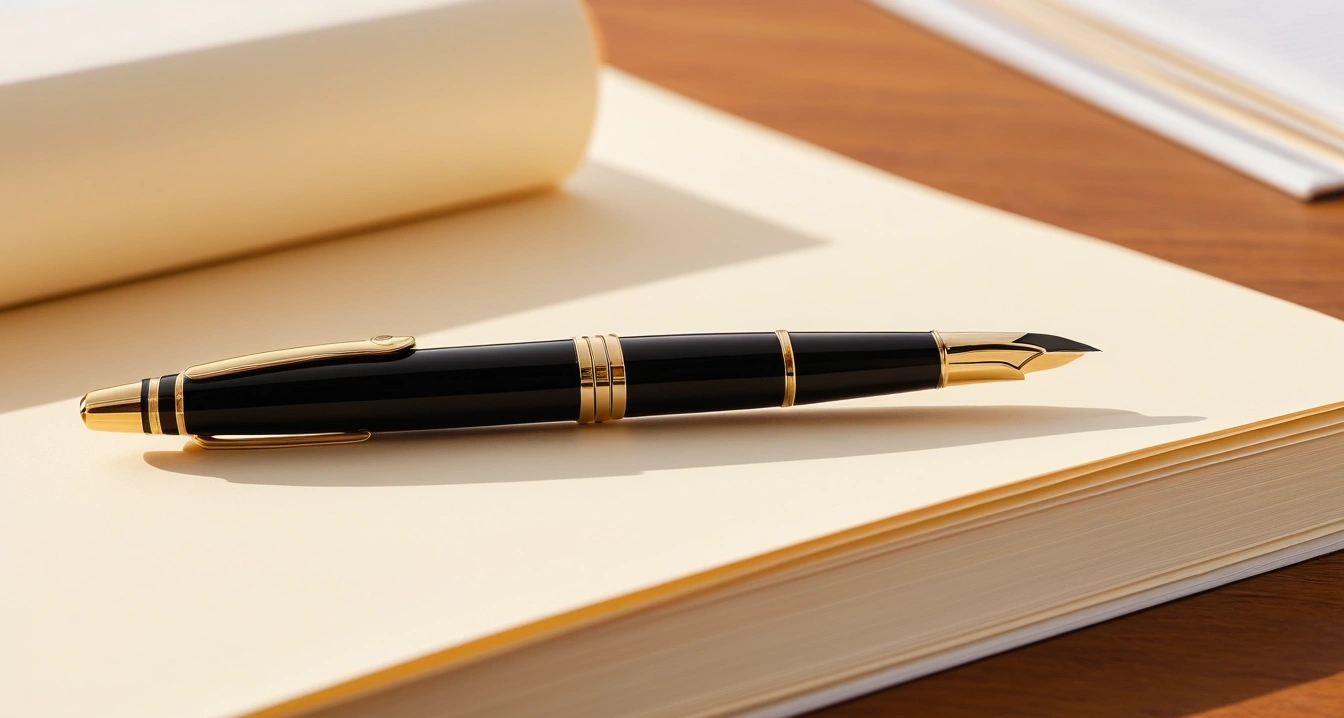 premium fountain pen resting on stack of 1